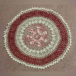 VTG HAND CROCHETED DOILY 19.25” White Red Pink Gradient Vintage Handmade Damage